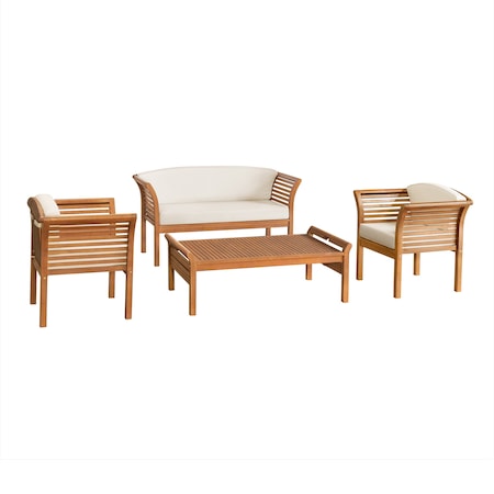Alaterre Furniture Stamford Eucalyptus Wood Outdoor Set with 2 Chairs, Bench, and Coffee Table, Set of 4 ANSF01123EBO